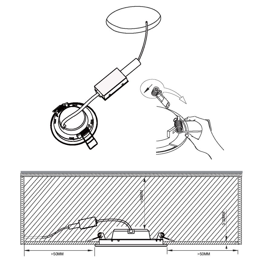 Svietidlo sa montuje do stropu. Pripojí sa kábel, potom sa svietidlo zasunie a zaistí otočením mechanizmu. Minimálna hĺbka inštalácie je 50mm.
