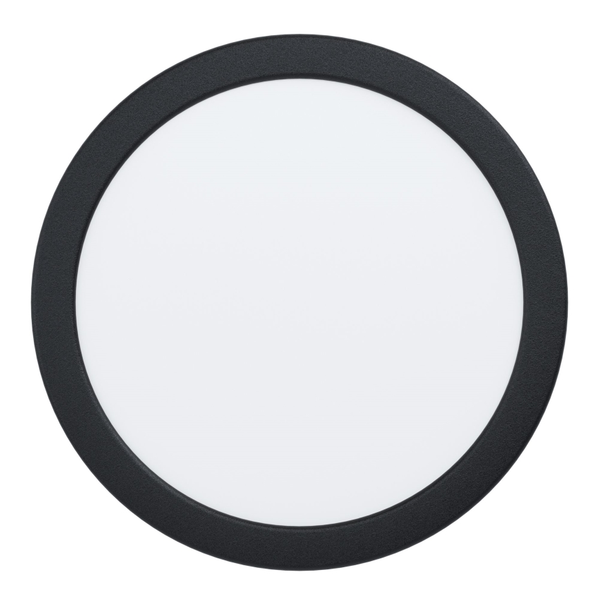 Okrúhle LED svetlo s bielym difúzorom je umiestnené v čiernom ráme. Svetlo je zobrazené na bielom pozadí.