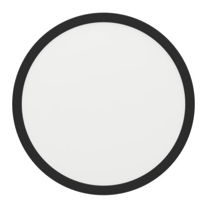 Okrúhle stropné svietidlo s bielym difúzorom a čiernym rámom je zobrazené na bielom pozadí.