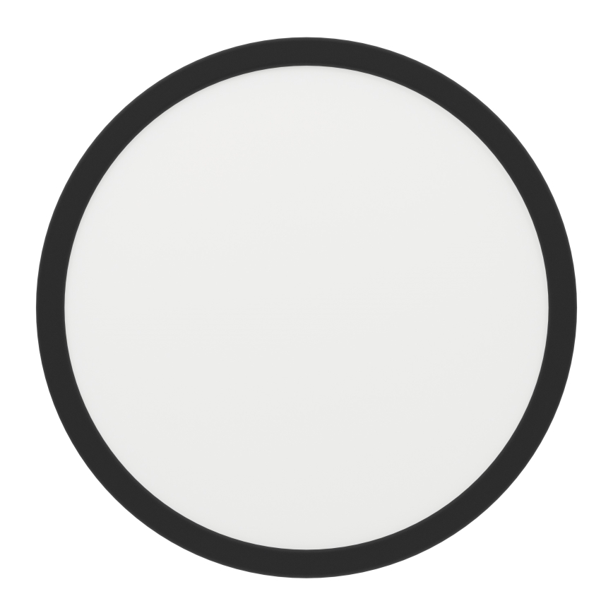 Okrúhle stropné svietidlo s bielym difúzorom a čiernym rámom je zobrazené na bielom pozadí.