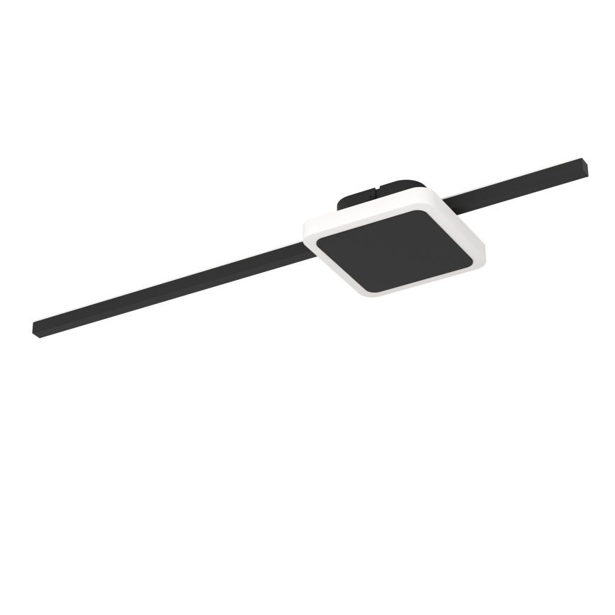 Štvorcové svietidlo s čiernym sklom je pripevnené k čiernej lište. Lišta je umiestnená horizontálne. Svetlo je súčasťou stropného systému.