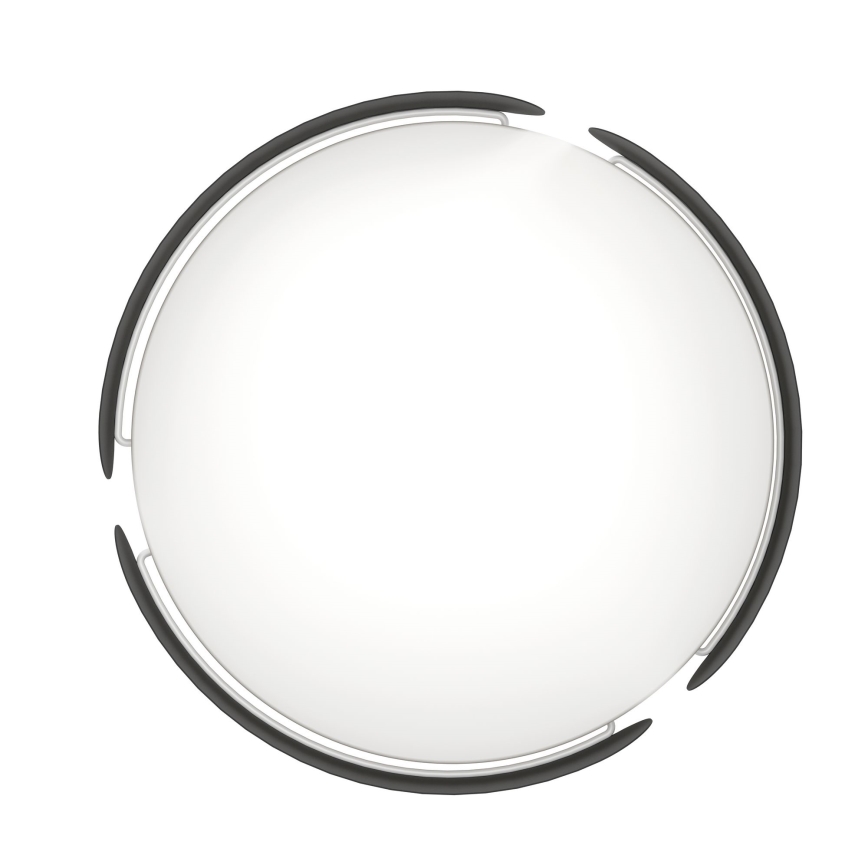 Okrúhly biely povrch s tmavosivým rámom je zobrazený zhora. Rám je mierne oddelený od povrchu. Pozadie je biele.