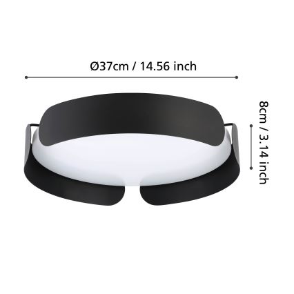 Svietidlo s priemerom 37 cm (14,56 palca) a výškou 8 cm (3,14 palca) má oválny, čierny tienidlo s bielym difúzorom. Je zobrazené na bielom pozadí s rozmermi.