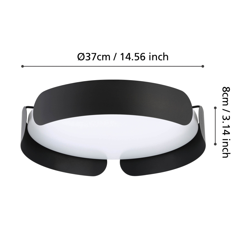 Svietidlo s priemerom 37 cm (14,56 palca) a výškou 8 cm (3,14 palca) má oválny, čierny tienidlo s bielym difúzorom. Je zobrazené na bielom pozadí s rozmermi.