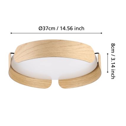 Svietidlo s dreveným rámom a bielym difúzorom je zobrazené s rozmermi Ø37cm/14.56 inch a 8cm/3.14 inch.