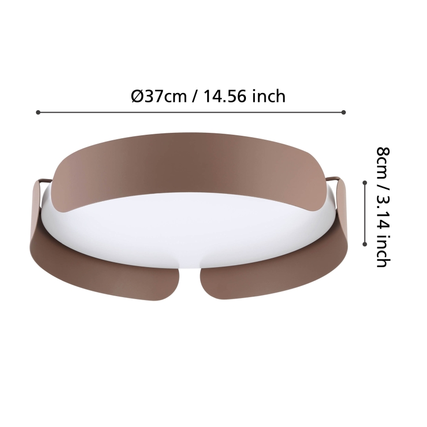 Hnedé stropné svietidlo s bielym difúzorom. Priemer 37 cm (14.56 palca), výška 8 cm (3.14 palca). Uvedené rozmery.