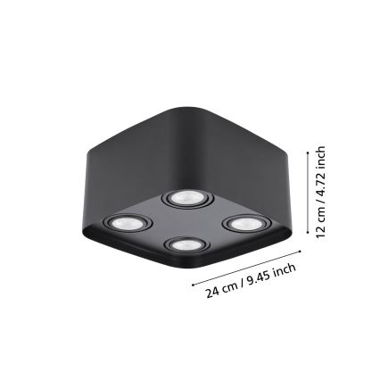 Čtvercové stropné svietidlo s štyrmi integrovanými LED svetlami je zobrazené zhora. Rozmery sú 24 cm / 9,45 palca a 12 cm / 4,72 palca.