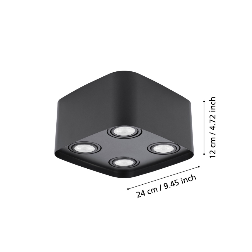 Čtvercové stropné svietidlo s štyrmi integrovanými LED svetlami je zobrazené zhora. Rozmery sú 24 cm / 9,45 palca a 12 cm / 4,72 palca.