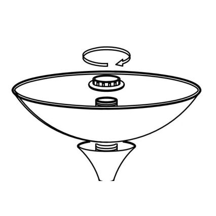 Miska s okrúhlym prvkom sa pripája k základni. K miske sa pripája menší kruhový diel. Schéma zobrazuje montáž.