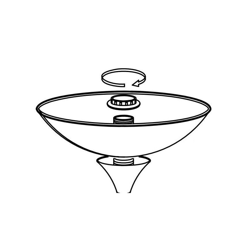 Miska s okrúhlym prvkom sa pripája k základni. K miske sa pripája menší kruhový diel. Schéma zobrazuje montáž.