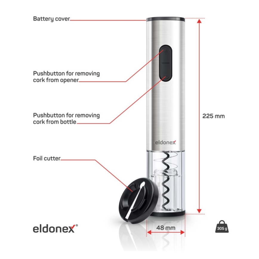ELDONEX EWO-2200-SL - Elektrický otvárač na víno 4xAA matný chróm