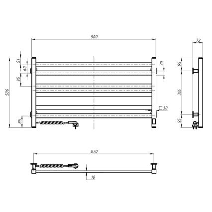 Elektrický sušiak na uteráky s termostatom AVANGARD 181 W, 50 × 90 cm, čierny, ľavý