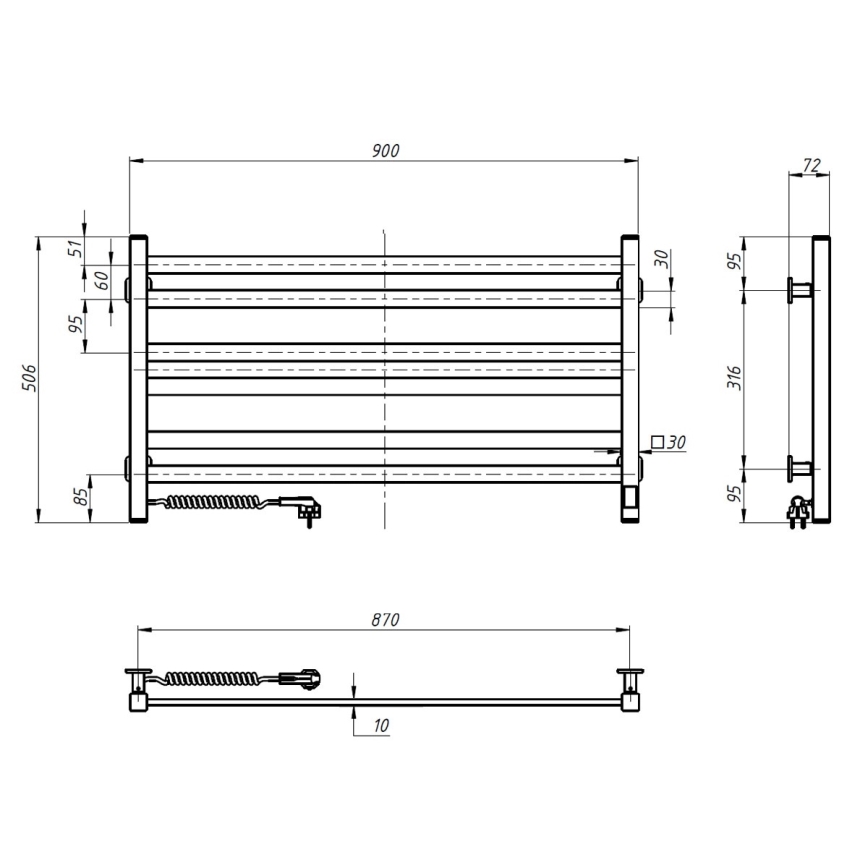 Elektrický sušiak na uteráky s termostatom AVANGARD 181 W, 50 × 90 cm, čierny, ľavý