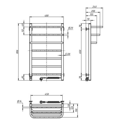 Elektrický sušiak na uteráky s rozmermi 480 x 806 x 112 mm je znázornený v technickej výkresovej dokumentácii, ktorá uvádza ďalšie rozmery, vrátane detailov pripojenia.