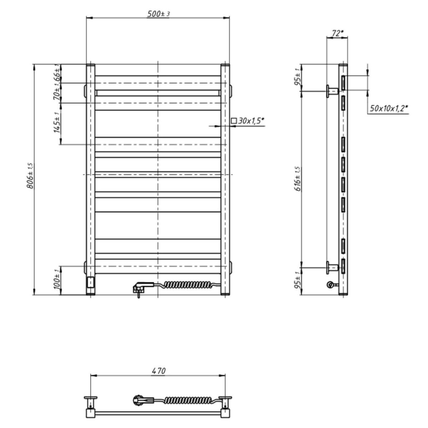 Elektrický sušiak na uteráky s termostatom LARGO 168 W 80x50 cm čierny pravý