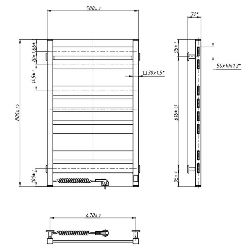 Elektrický sušiak na uteráky s termostatom LARGO 168W 80x50 cm biely ľavý