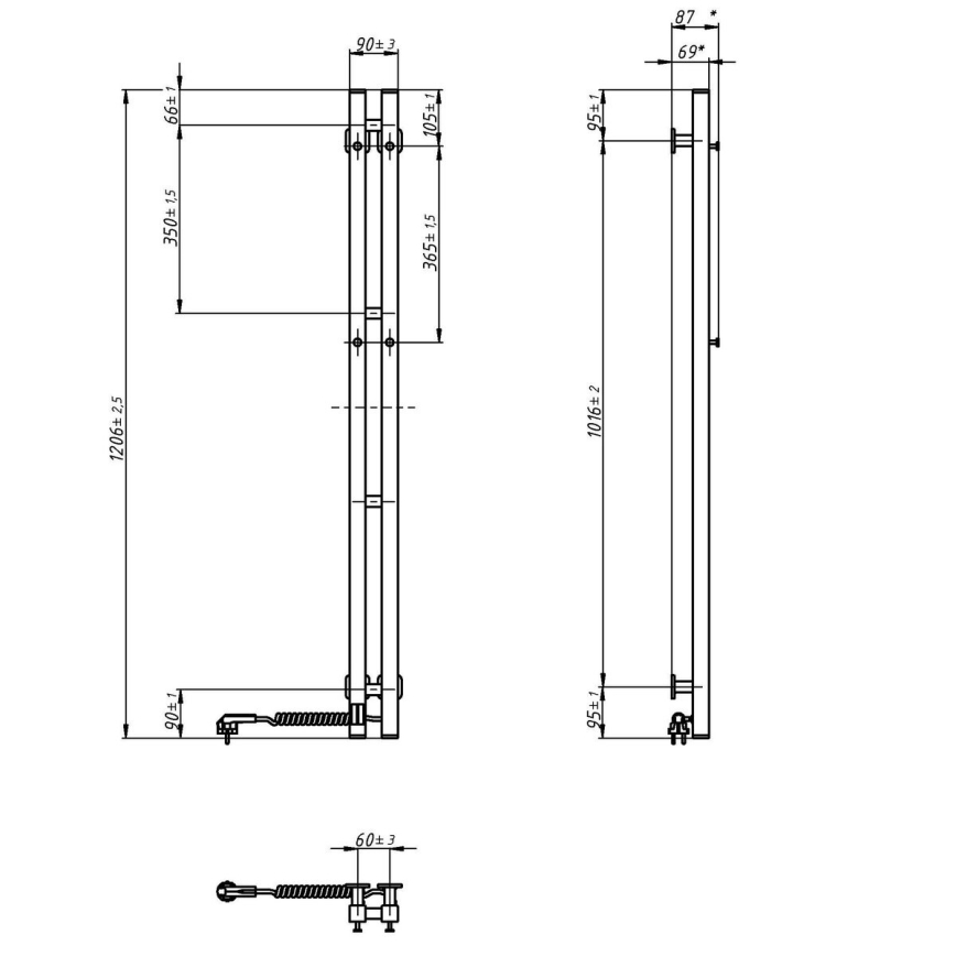 Elektrický sušiak na uteráky s termostatom SILOUETTE 70W 120x9 cm čierny pravý