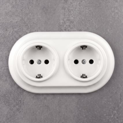 Elhard - Dvojitá keramická retro domová zásuvka s rámikom SCHUKO 230V biela