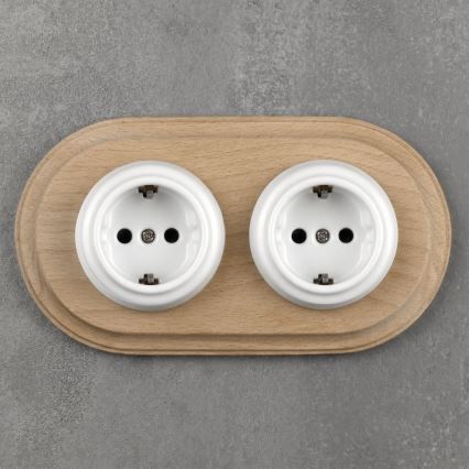 Elhard - Dvojitá keramická retro domová zásuvka s rámčekom SCHUKO 230V biela/svetlé drevo