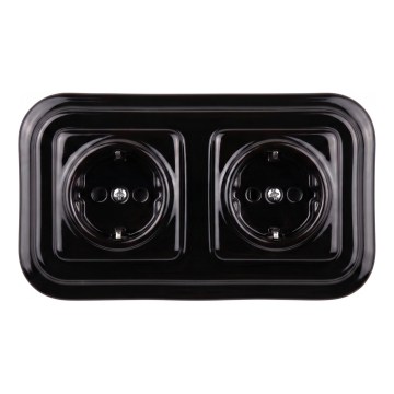 Elhard - Dvojitá keramická retro zásuvka do domácnosti so rámčekom SCHUKO 230 V čierna
