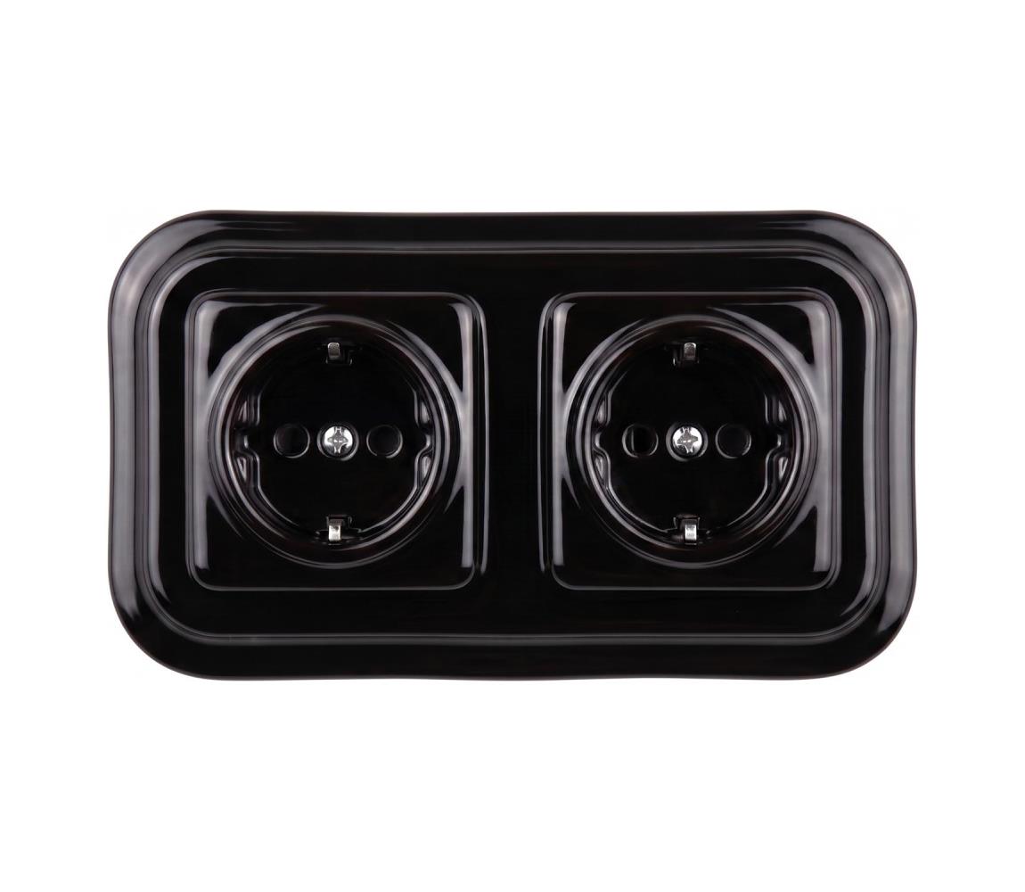Elhard - Dvojitá keramická retro zásuvka do domácnosti so rámčekom SCHUKO 230 V čierna EF0033+2xEF0031