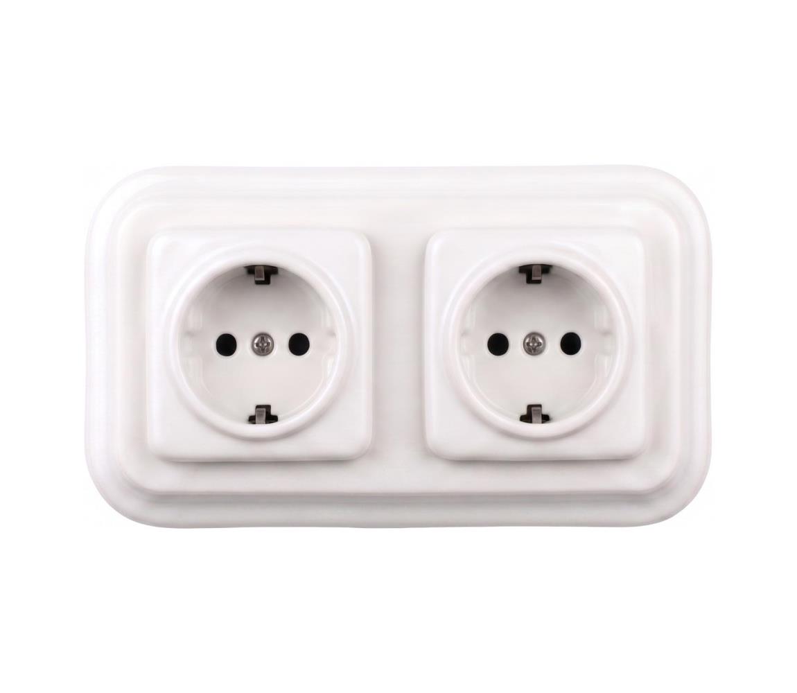 Elhard - Dvojitá keramická retro zásuvka domová s rámikom SCHUKO 230 V biela EF0016+2xEF0014