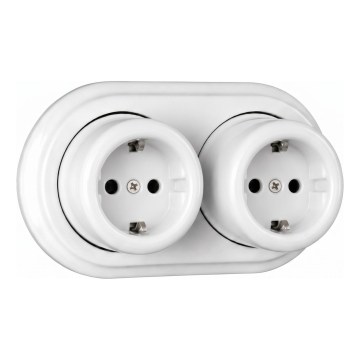 Elhard - Dvojitá nástenná keramická retro zásuvka s rámčekom, SCHUKO 230 V, biela