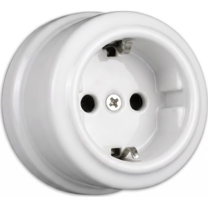 Elhard - Dvojitá nástenná keramická retro zásuvka s rámčekom, SCHUKO 230 V, biela