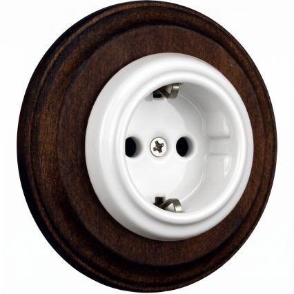 Elhard - Keramická retro domová zásuvka s rámčekom SCHUKO 230V biela/tmavé drevo