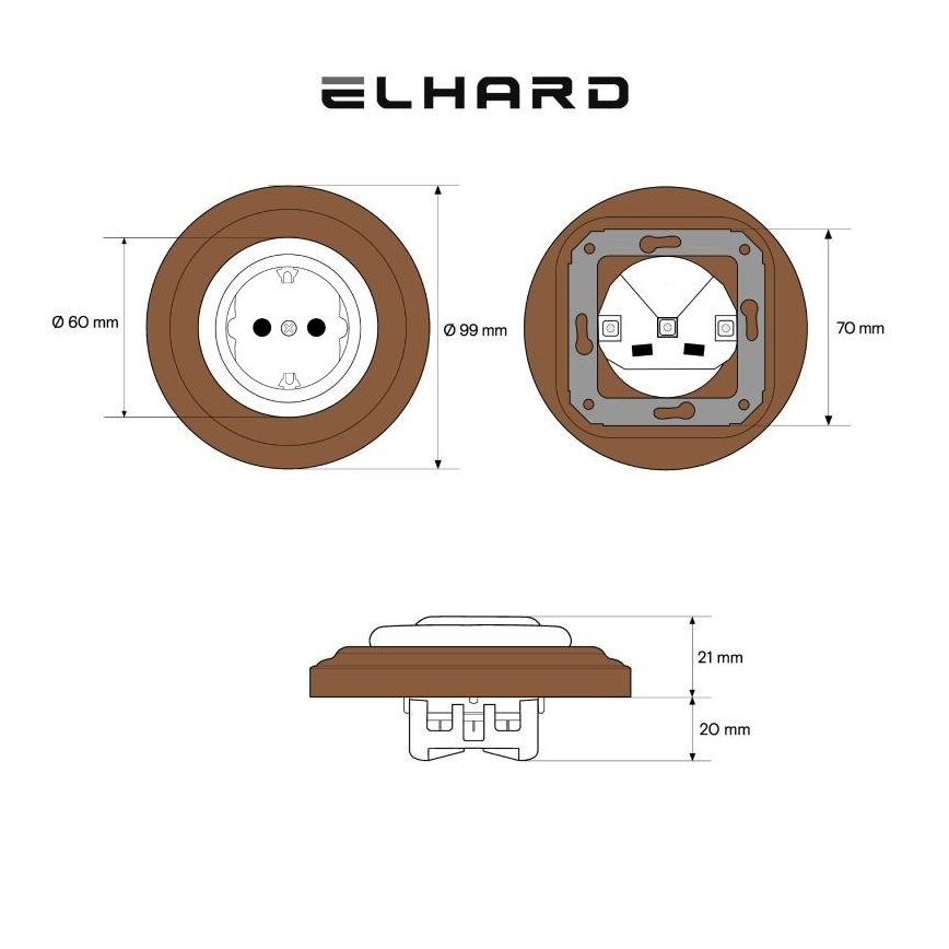 Elhard - Keramická retro domová zásuvka s rámčekom SCHUKO 230V biela/tmavé drevo
