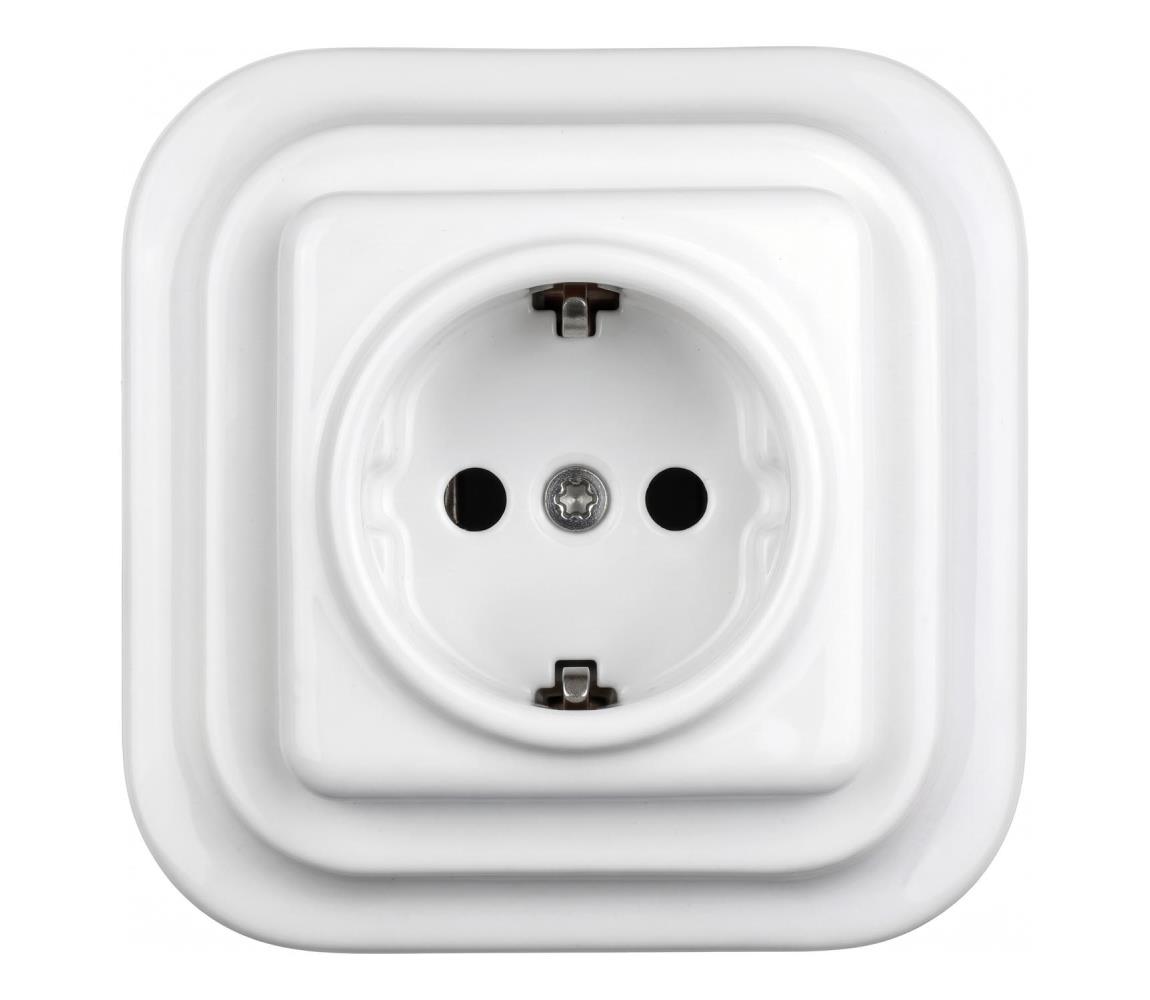 Elhard - Keramická retro domová zásuvka s rámikom SCHUKO 230V biela EF0015+EF0014