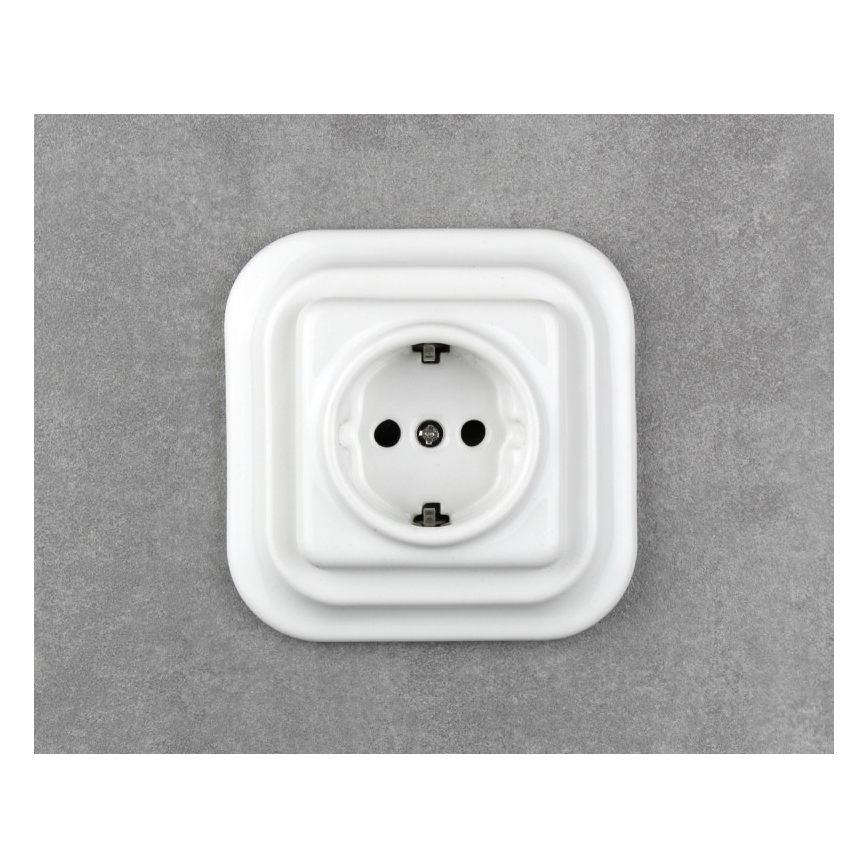 Elhard - Keramická retro domová zásuvka s rámikom SCHUKO 230V biela