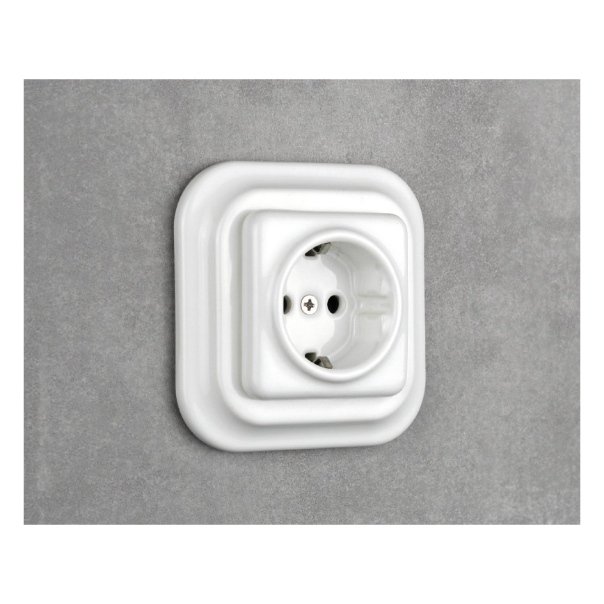 Elhard - Keramická retro domová zásuvka s rámikom SCHUKO 230V biela