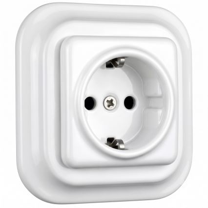 Elhard - Keramická retro domová zásuvka s rámikom SCHUKO 230V biela