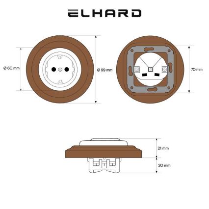 Elhard - Keramická retro domová zásuvka s rámčekom SCHUKO 230V čierna/tmavé drevo