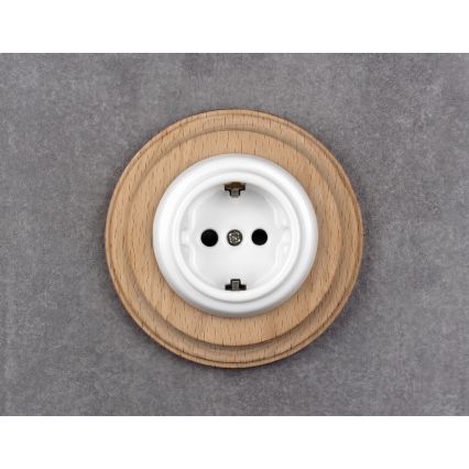 Elhard - Keramická retro domová zásuvka s rámčekom SCHUKO 230V biela/svetlé drevo