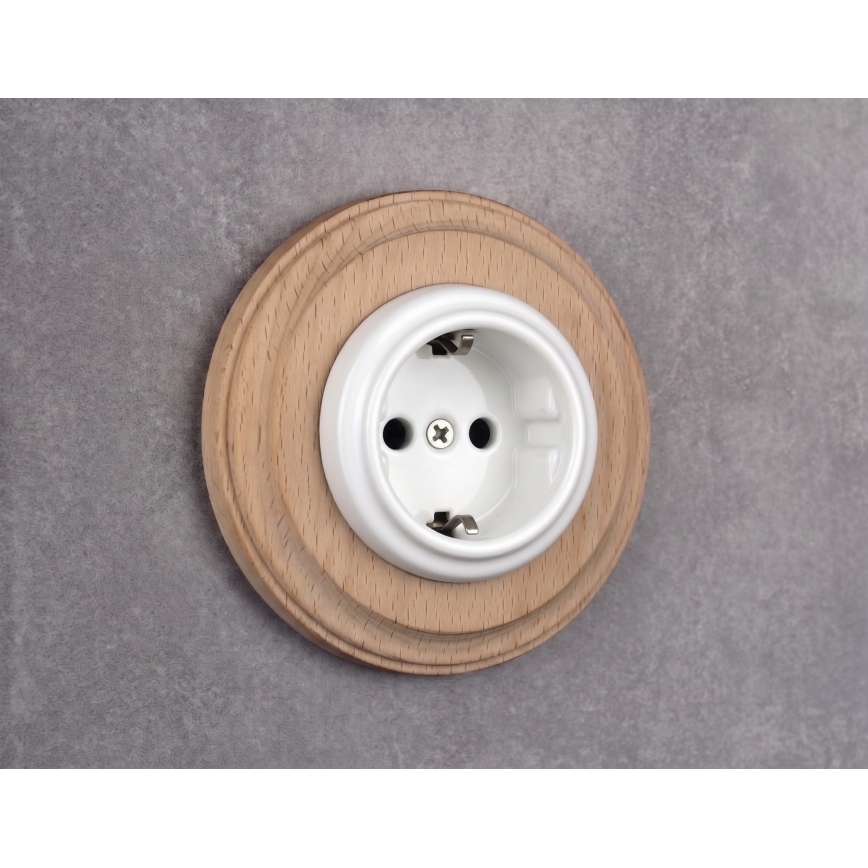 Elhard - Keramická retro domová zásuvka s rámčekom SCHUKO 230V biela/svetlé drevo