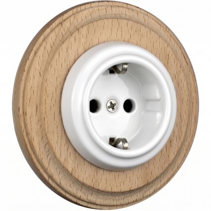 Elhard - Keramická retro domová zásuvka s rámčekom SCHUKO 230V biela/svetlé drevo