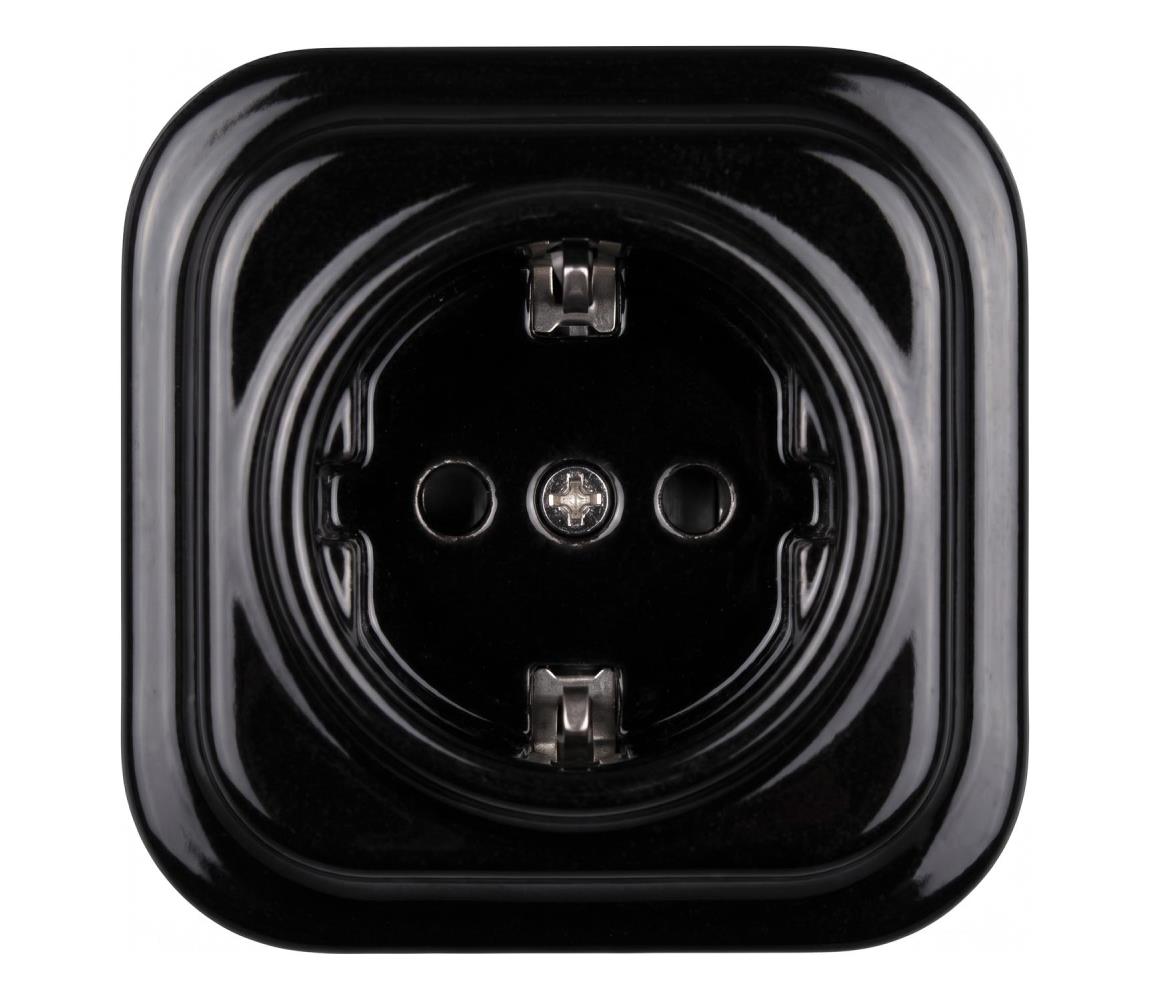 Elhard - Keramická retro domová zásuvka so rámikom SCHUKO 230 V, čierna EF0032+EF0031