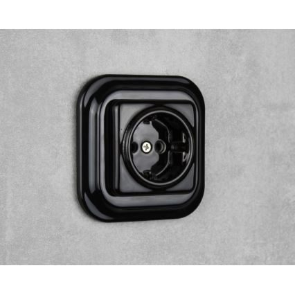 Elhard - Keramická retro domová zásuvka so rámikom SCHUKO 230 V, čierna
