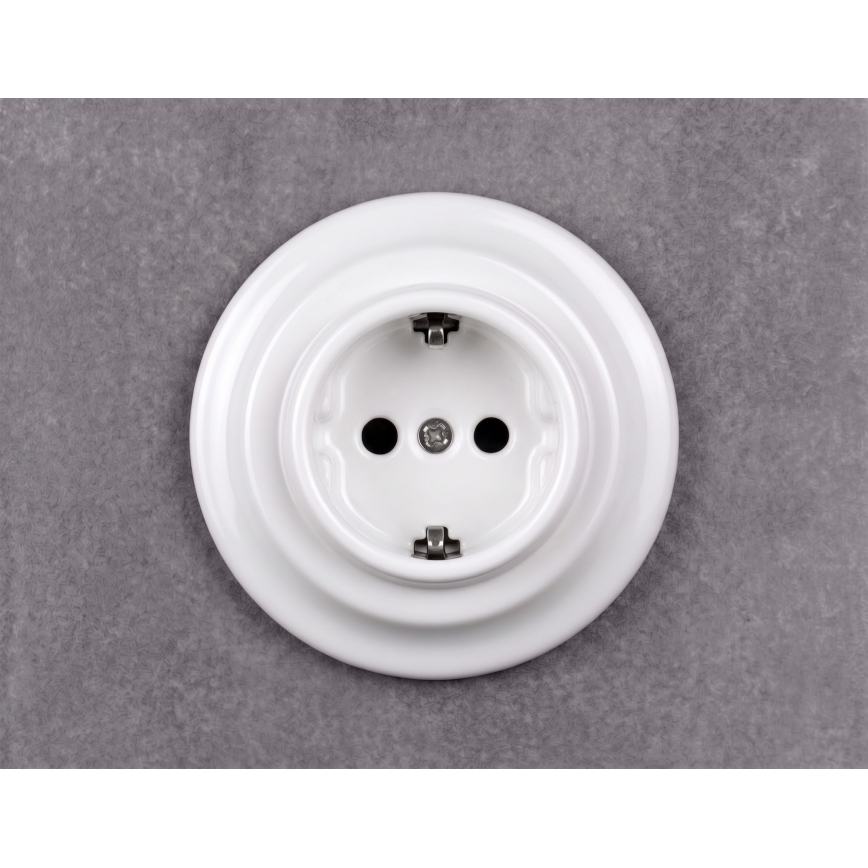 Elhard - Keramická retro zásuvka do domácnosti s rámikom SCHUKO 230V biela
