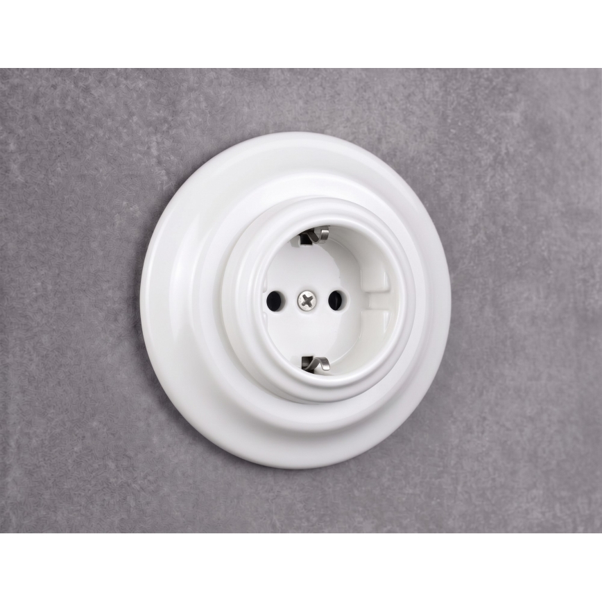 Elhard - Keramická retro zásuvka do domácnosti s rámikom SCHUKO 230V biela