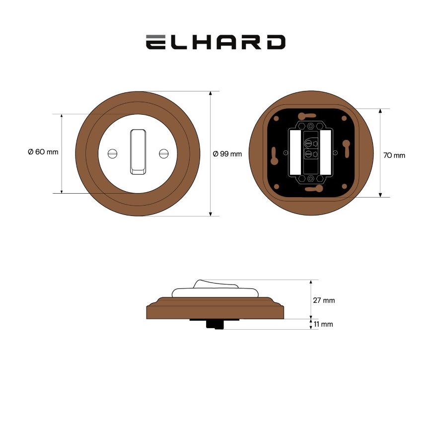 Elhard - Keramický retro jednoduchý vypínač s rámčekom č. 1 čierna/tmavé drevo