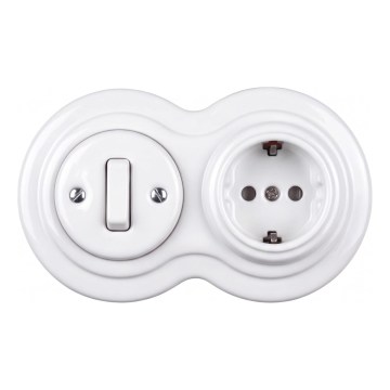 Elhard - Keramický retro vypínač č. 1 a zásuvka 230 V s rámikom SCHUKO biela
