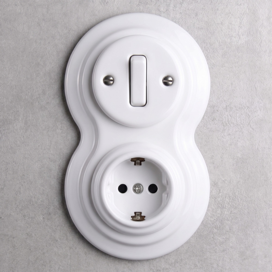 Elhard - Keramický retro vypínač č. 1 a zásuvka 230 V s rámikom SCHUKO biela