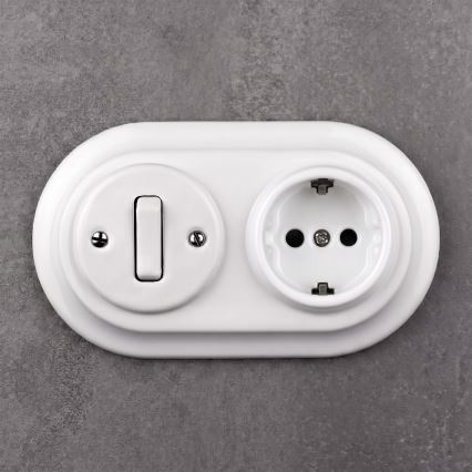 Elhard - Keramický retro vypínač č. 1 a zásuvka 230V s rámčekom SCHUKO biela