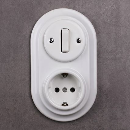 Elhard - Keramický retro vypínač č. 1 a zásuvka 230V s rámčekom SCHUKO biela