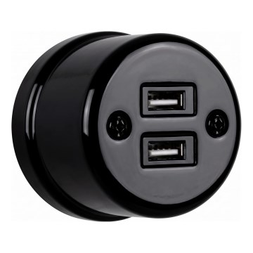 Elhard - Nástenná keramická retro zásuvka 2× USB-A čierna