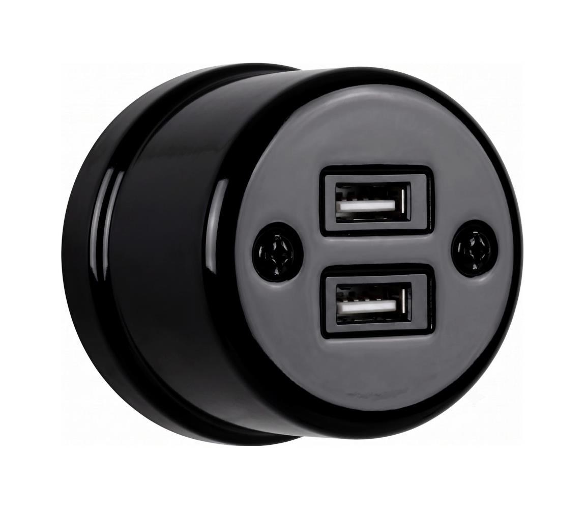 Elhard - Nástenná keramická retro zásuvka 2× USB-A čierna KN2032B