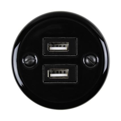 Elhard - Nástenná keramická retro zásuvka 2× USB-A čierna
